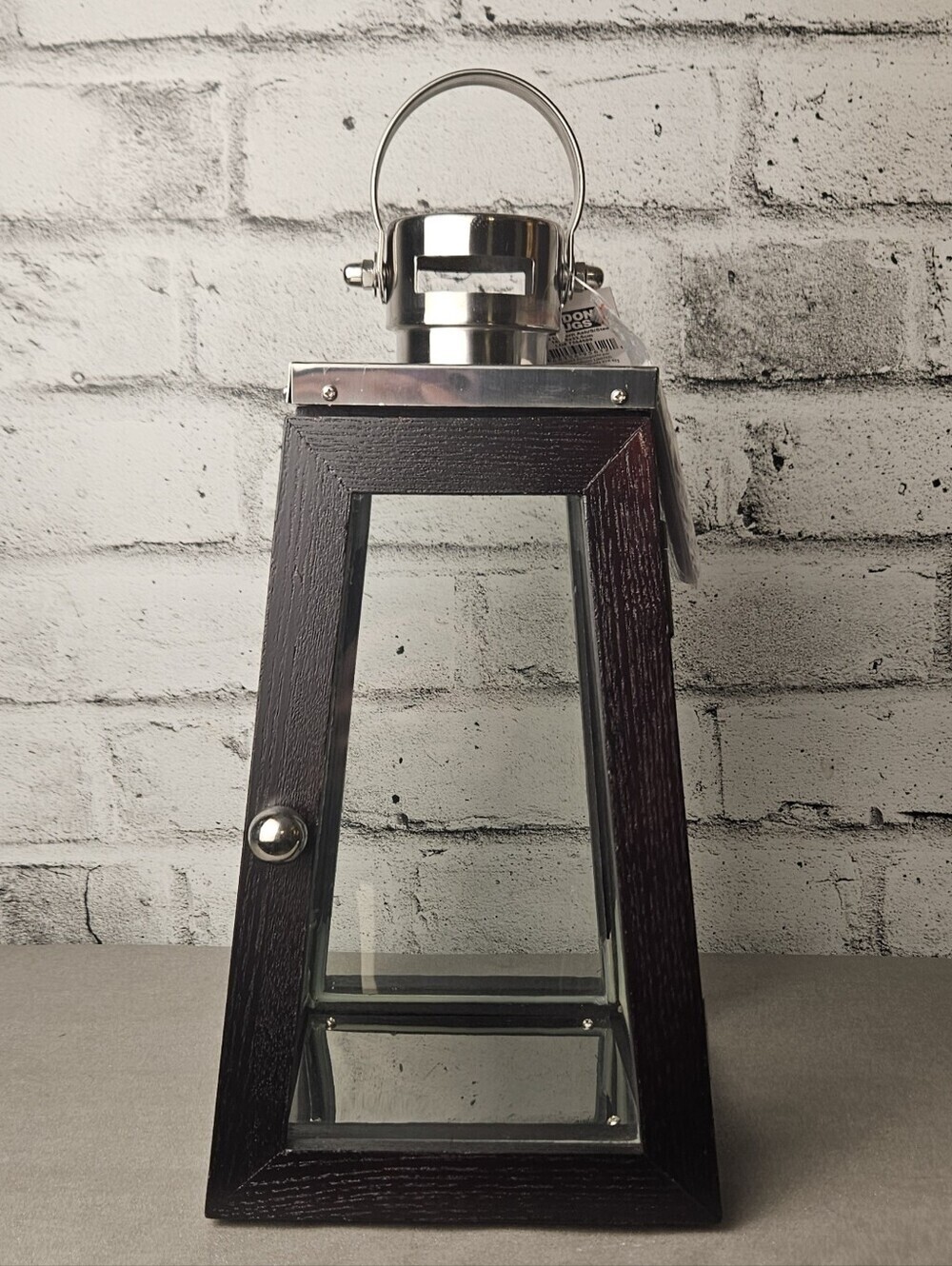 Modern Farmhouse Wood Glass Candle Lantern Brown Silver 13 Inch